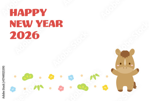 午年の年賀状、馬と縁起物、2026 年賀状テンプレート