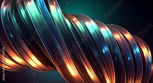 Abstract metallic ribbon twisting with vibrant warm and cool light reflections, evoking energy and motion.