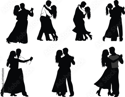 Dancing couple silhouette poses, ballroom dance movement, romantic partner coordination, vector illustration, black figures, white background, dance concept art