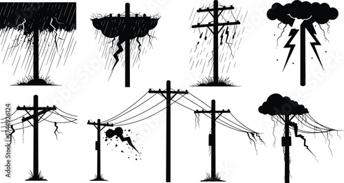 Utility poles with lightning strikes and storm hazards, electrical infrastructure illustration, power line damage, safety awareness, severe weather impact, energy risk