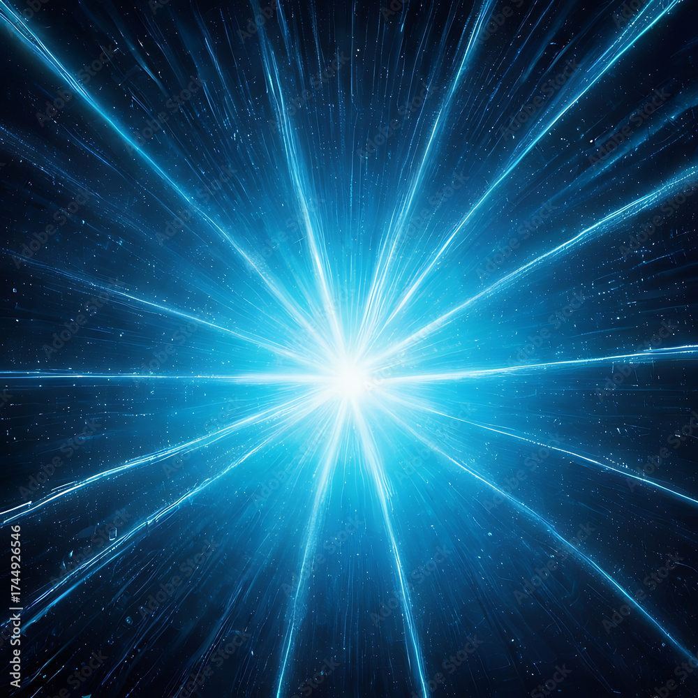 Fototapeta premium Bright Blue Light Burst with Digital Rays and Sci-Fi Grid - AI Abstract Tech
