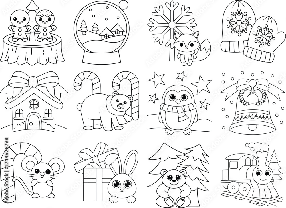 Fototapeta premium Cute Christmas Characters and Objects for Coloring Pages Including Gingerbread Men, Animals, and Gifts Keywords: christmas, holiday, winter, festive, celebration, xmas, season, greeting, card