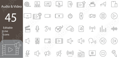 Audio and Video Editable Icons set. Personal Stereo, Movie, Camera, Play Button and more. Vector illustration on transparent background.
