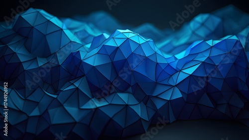 Abstract blue geometric landscape with sharp edges and glowing light