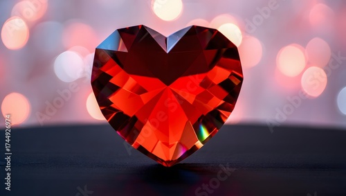 Sparkling heart shaped red gemstone with bokeh background