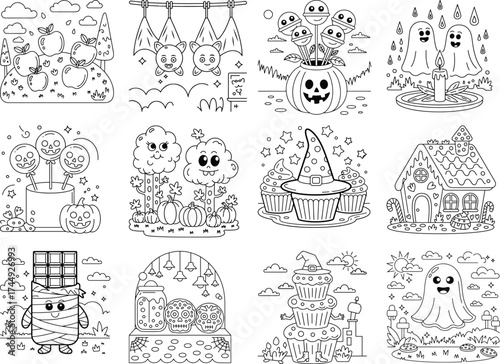 Enchanting Halloween Treats and Characters for Coloring Pages Keywords: halloween, spooky, cute, characters, treats, candy, lollipops, pumpkin, cupcakes, gingerbread house, chocolate bar, mummy