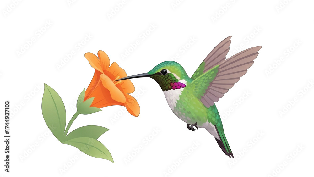 Obraz premium Hummingbird Feeding on Orange Flower in Bright Garden