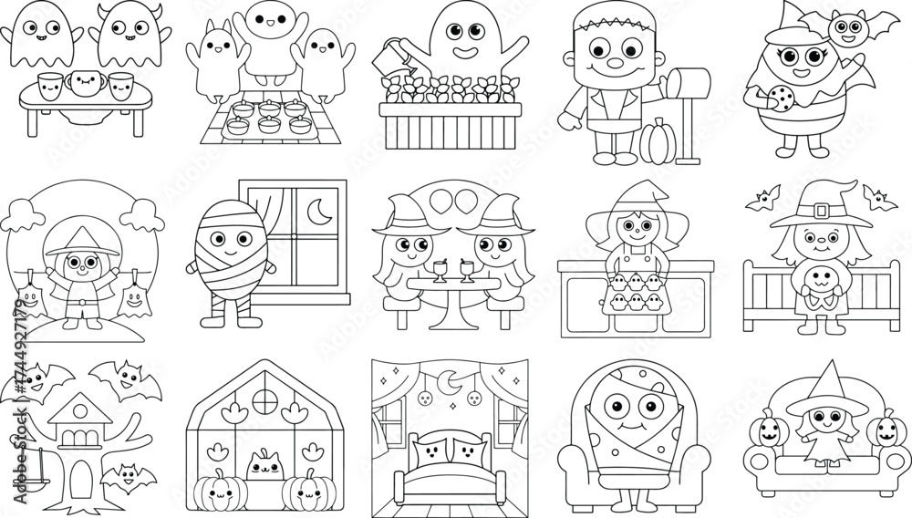 Obraz premium Halloween Themed Cartoon Characters and Scenes Coloring Pages pumpkin