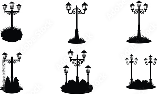 Ornate street lamp silhouettes with decorative bases and shrubbery, vintage lantern design, classical urban lighting, architectural illustration, artistic landscape elements