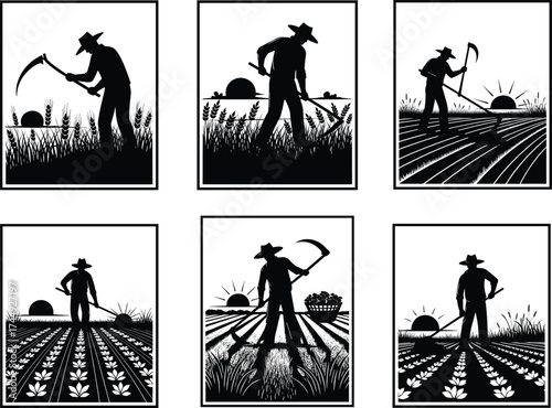 Farmer silhouette working in field, agricultural scenes, sunrise and sunset backgrounds, rural lifestyle, vector illustration, black and white artwork