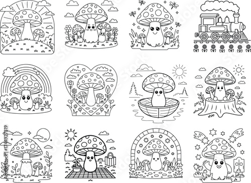 Twelve whimsical black and white illustrations of cute anthropomorphic mushrooms in various scenes Keywords: mushroom, toadstool, fungi, cute, cartoon, anthropomorphic, happy, smiling, face, eyes