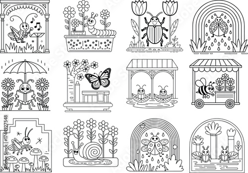 Whimsical Insects and Garden Creatures in Outline Style for Coloring butterfly ladybug