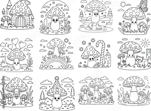 Whimsical Mushroom House Coloring Pages with Cute Characters and Nature Elements Keywords: coloring page, illustration, cartoon, cute, whimsical, mushroom, house, fantasy, nature, forest, garden
