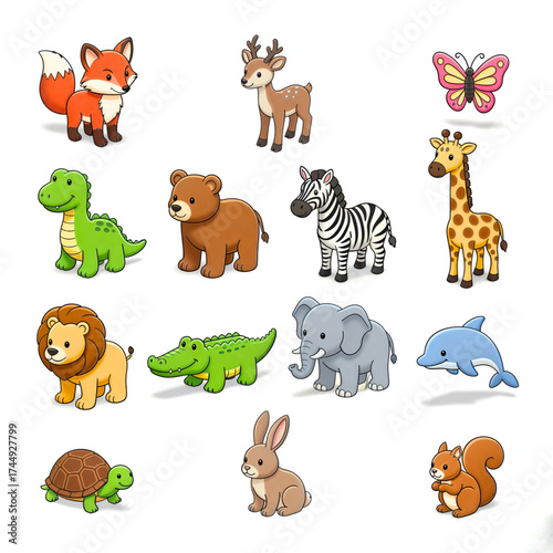 Cartoon animal vector set featuring fox, giraffe, zebra, elephant, lion, bear, and more in colorful flat style