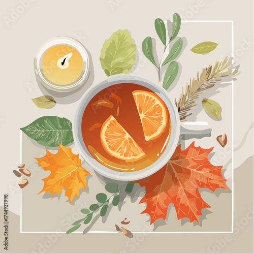 Flat-Lay Autumn Wellness Spa Banner with Herbal Tea Candle Eucalyptus Vector