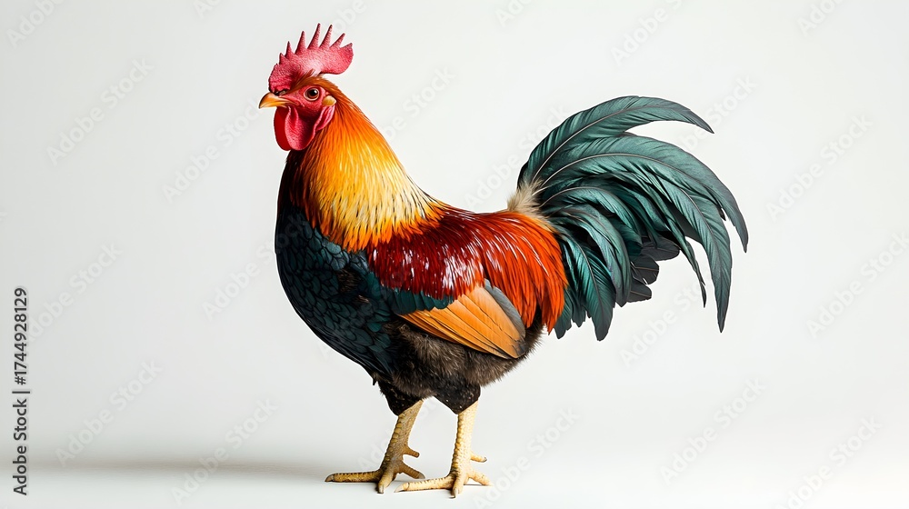 Fototapeta premium Vibrant rooster standing proudly against a clean white background, showcasing its colorful plumage.