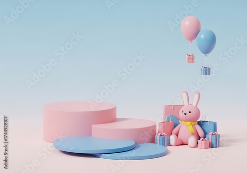 3D render of cute pink bunny toy with pastel gift boxes and balloons on pink and blue podium. Minimal playful background for children, baby shower, birthday, or toy design concept illustration