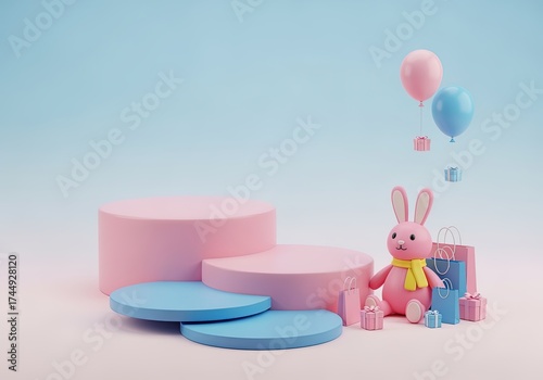 3D render of cute pink bunny toy with pastel gift boxes and balloons on pink and blue podium. Minimal playful background for children, baby shower, birthday, or toy design concept illustration