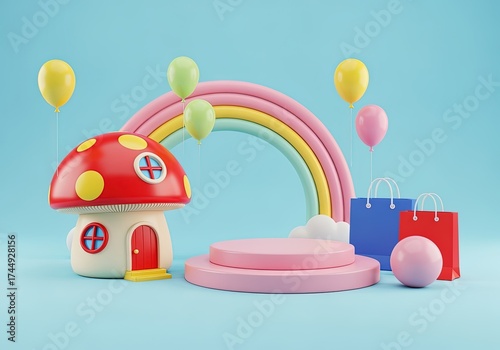 3D render of colorful mushroom house, rainbow, balloons, shopping bags, and podium on blue background. Playful cartoon scene for children, fantasy, or creative design concept illustration