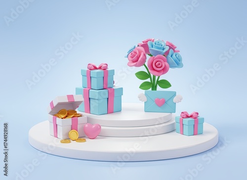 3D render with pastel blue and pink gifts, envelope with heart, bouquet of roses in vase, and golden coins on cream podium. Romantic Valentine’s Day or wedding celebration background design