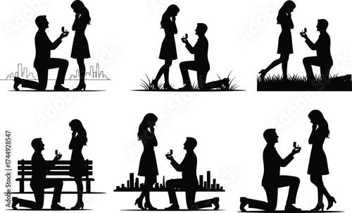Man proposing to woman silhouette, romantic moment, marriage proposal scene, love concept, vector illustration, emotional connection, sunset background