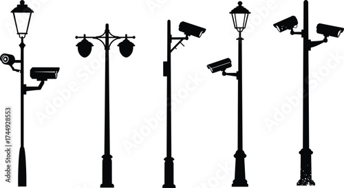 Silhouettes of urban street lamp posts with surveillance cameras, modern city infrastructure, public lighting, road safety, security monitoring, architectural design elements
