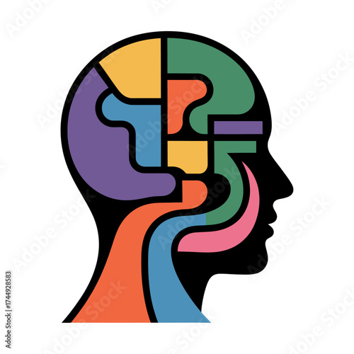 stylized human head silhouette filled with colorful geometric shapes representing mind and thought