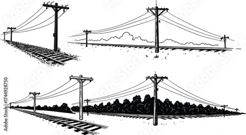 Railroad tracks with utility poles and power lines, rural transportation infrastructure, industrial landscape, railway perspective, electrical distribution, countryside design