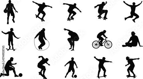 Silhouette, sports, fitness, activity, skateboard, basketball, cycling, soccer, jump rope, exercise, motion, athlete, recreation, youth, energy, action, outdoor, dynamic, posture, movement