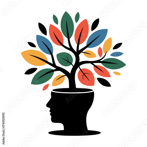 stylized tree silhouette growing from a head representing growth and creativity