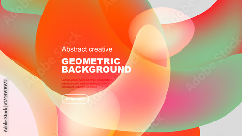 Vibrant abstract shapes overlap, creating dynamic composition. Orange, green, pink hues dominate dark background. Text present.
