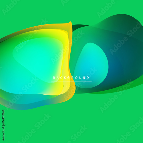 Abstract vibrant design. Smooth flowing shapes, gradients blend yellow, turquoise, blue over green backdrop. Modern aesthetic.