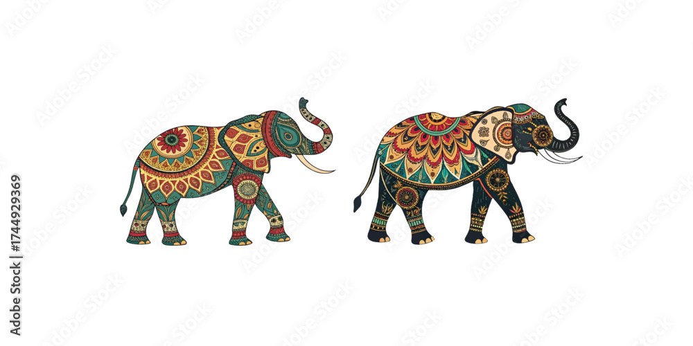 Fototapeta premium Print Ornamental elephant filled with mandala patterns, Indian ethnic style, festival theme, vector silhouette on beige background. 