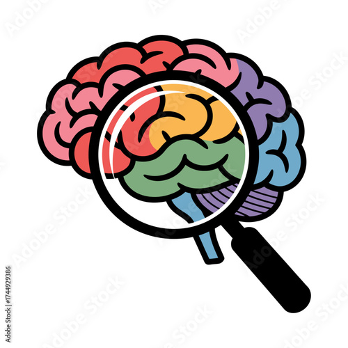 stylized brain with magnifying glass focusing on creativity and cognitive exploration