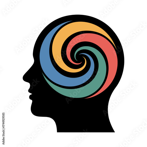abstract spiral within human head silhouette symbolizing creative thinking and mental flow