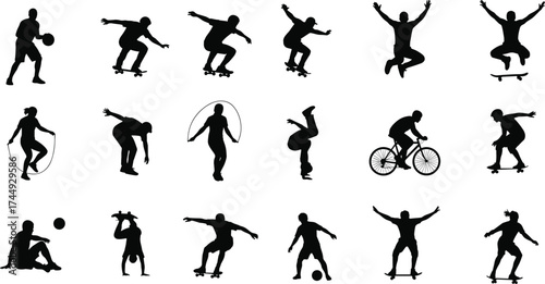 Silhouettes, sports, fitness, exercise, active lifestyle, skateboarding, basketball, cycling, running, jumping rope, weightlifting, celebration, youth, motion, energy, outdoor, training, recr