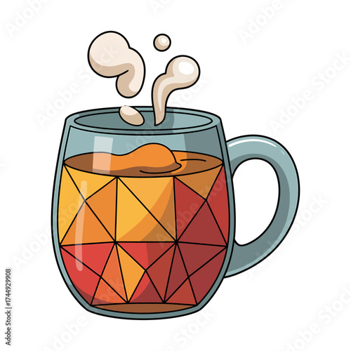stylized warm beverage mug with polygonal design and steam isolated on white background