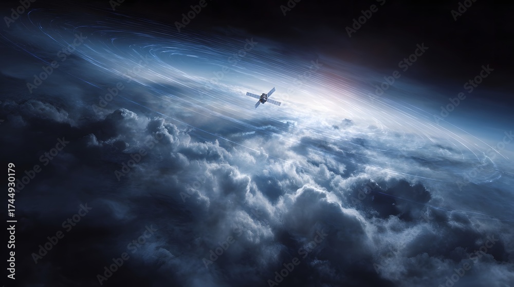 Obraz premium Advanced satellite in orbit above a planet with glowing atmospheric light streaks and signal arcs