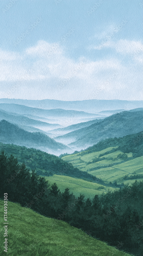 Obraz premium Explore the Majestic Beauty of Rolling Green Mountains Under a Vast Sky: A Serene Landscape Capturing Nature's Tranquility and Scenic Splendor