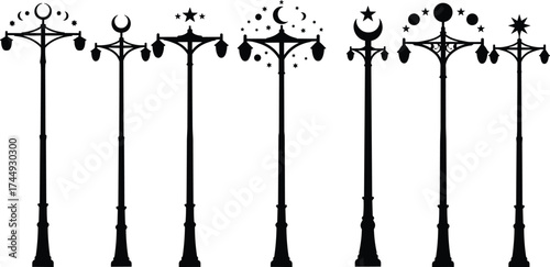 Decorative crescent and star street light pole silhouette, Islamic lantern lamp post design, traditional ornamental outdoor lighting vector illustration