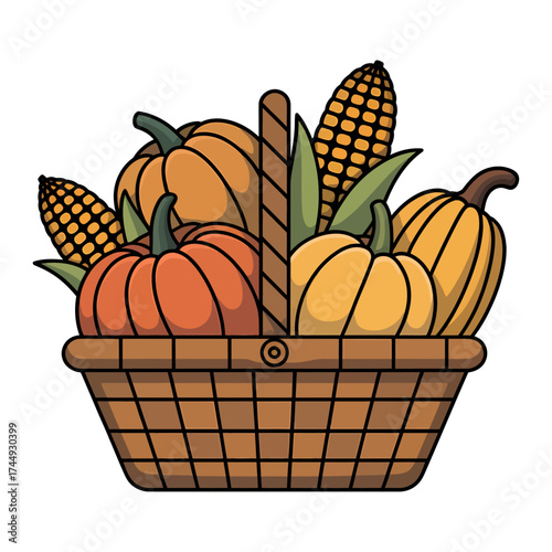 autumn harvest basket filled with pumpkins and corn illustration symbolizing thanksgiving season and fall celebration vector