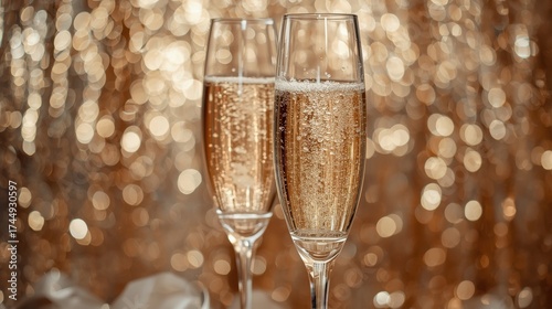 Two champagne flutes filled with bubbly liquid against a bokeh gold background for celebration mood