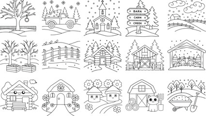 Fototapete Bauernhof Dorfszenen mit Hoftieren als Strichzeichnung  © KDP Coloring Pages