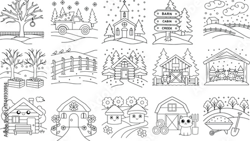 Collection of Cute Cartoon Farm and Countryside Scenes in Outline Style Keywords: farm, countryside, village, rural, nature, house, barn, truck, tree, garden, fence, animals, cow, horse, chicken
