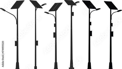 Modern solar street light pole design silhouette, renewable energy street lighting system illustration, eco-friendly outdoor lighting technology vector isolated background