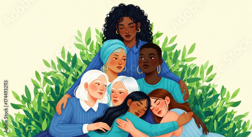 Supportive Women Embracing Each Other in a Lush Green Setting, Illustration of Unity and Friendship