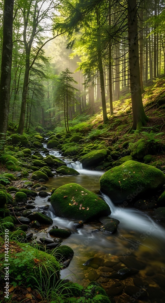 Obraz premium Serene Forest Stream - A Tranquil Cascade Through Lush Greenery.