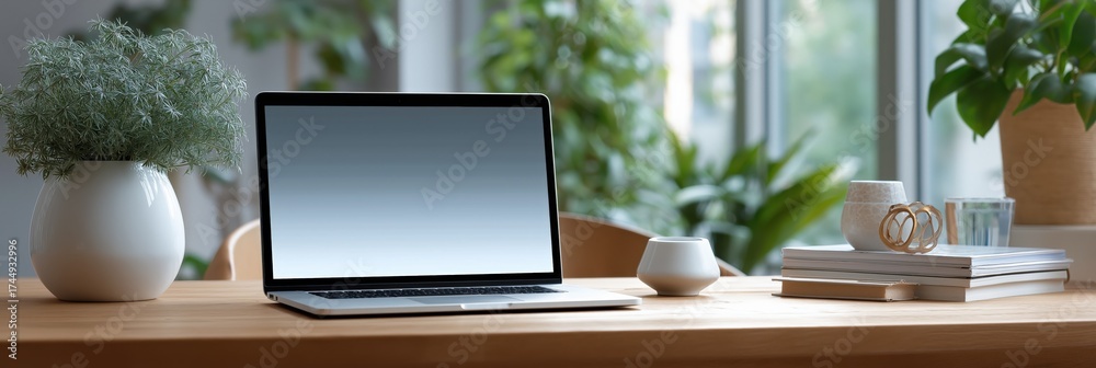 Fototapeta premium Modern workspace with laptop and green plants on wooden desk near bright window