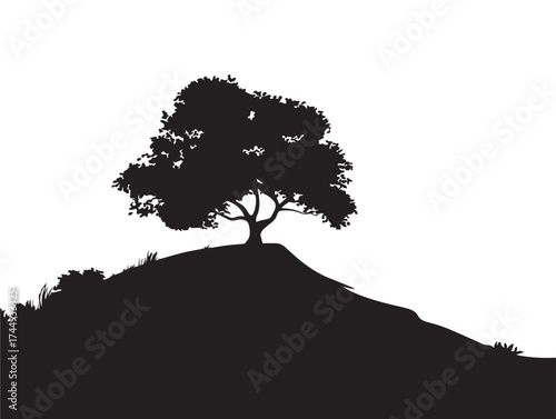 Minimalist Black Silhouette of Lone Tree on Hilltop