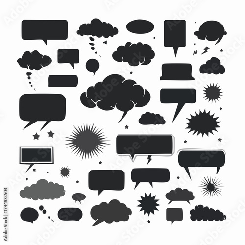 Collection of black speech bubbles and thought clouds in various shapes and sizes